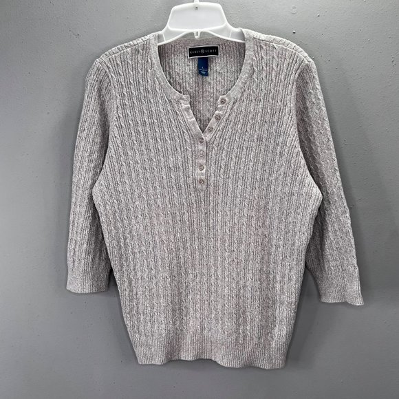 Karen Scott Henley Sweater size L Gray Cable Knit 3/4 Sleeve - Picture 3 of 4